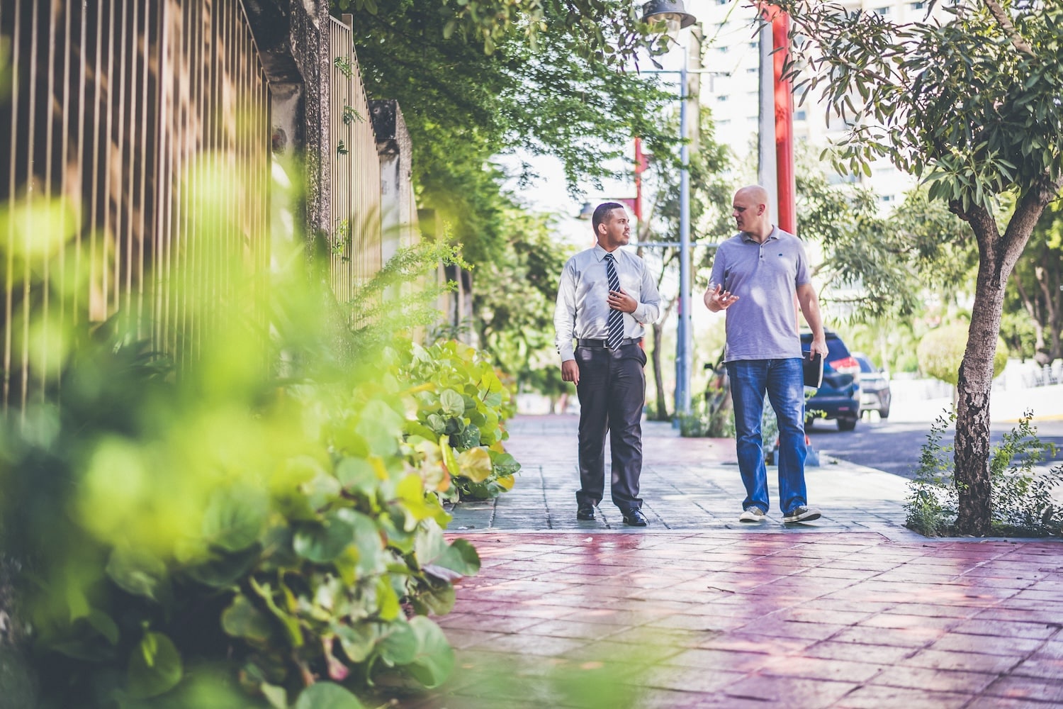its_time_to_dance_image1 Two men walk and chat along a tree-lined urban sidewalk, one in a shirt and tie and the other in a polo shirt and jeans.They’re engaged in conversation as they stroll past greenery.